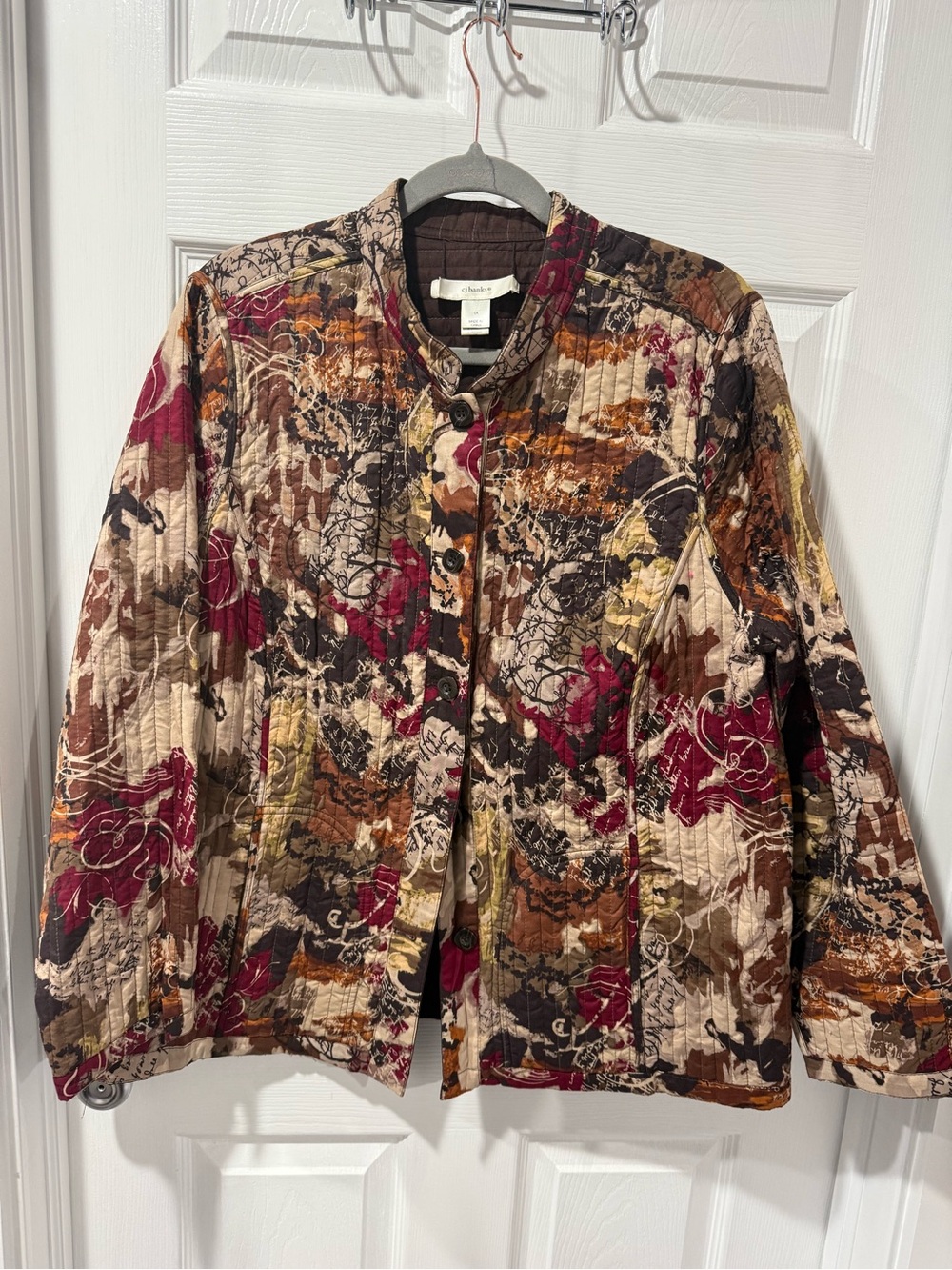 CJ Banks reversible Quilted Abstract Floral Jacket in Red, Brown & Cream